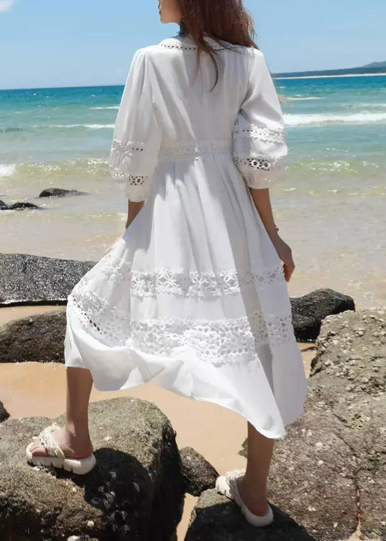 Boutique White Hollow Out Cotton Dress Lantern Sleeve