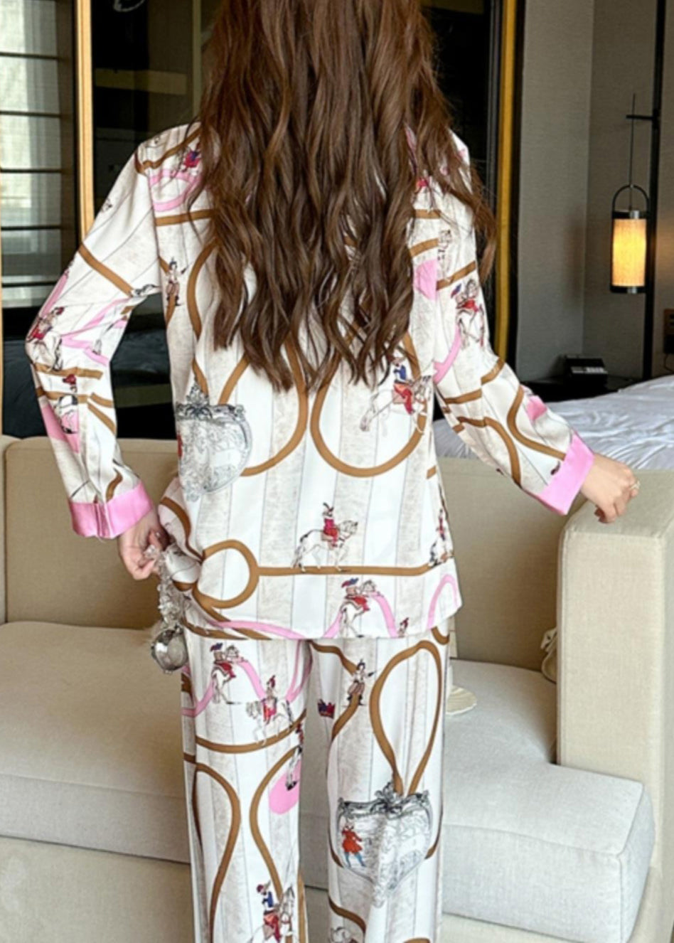 Peter Pan Collar Print Button Silk Two Pieces Set Spring