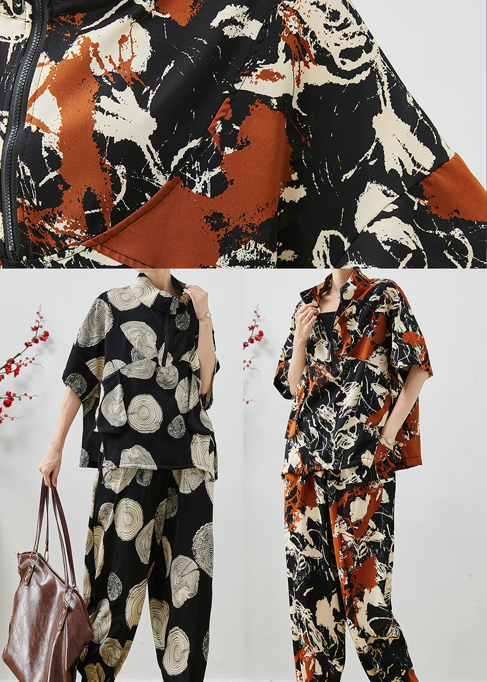 Black Oversized Print Chiffon Two Piece Set Summer