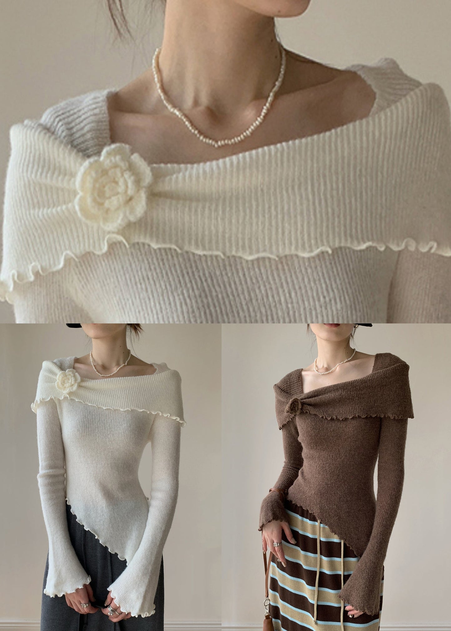 Coffee Knitting Cotton Sweater Square Collar Flare Sleeve