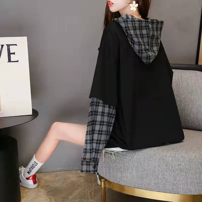 Style False Two Pieces Cotton Hooded Clothes Neckline Army Green Blouse