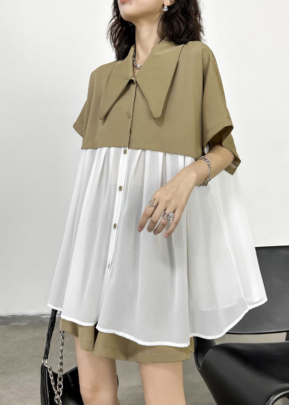 New Khaki Peter Pan Collar Wrinkled Chiffon Patchwork Tops and Shorts Two Pieces Set Summer