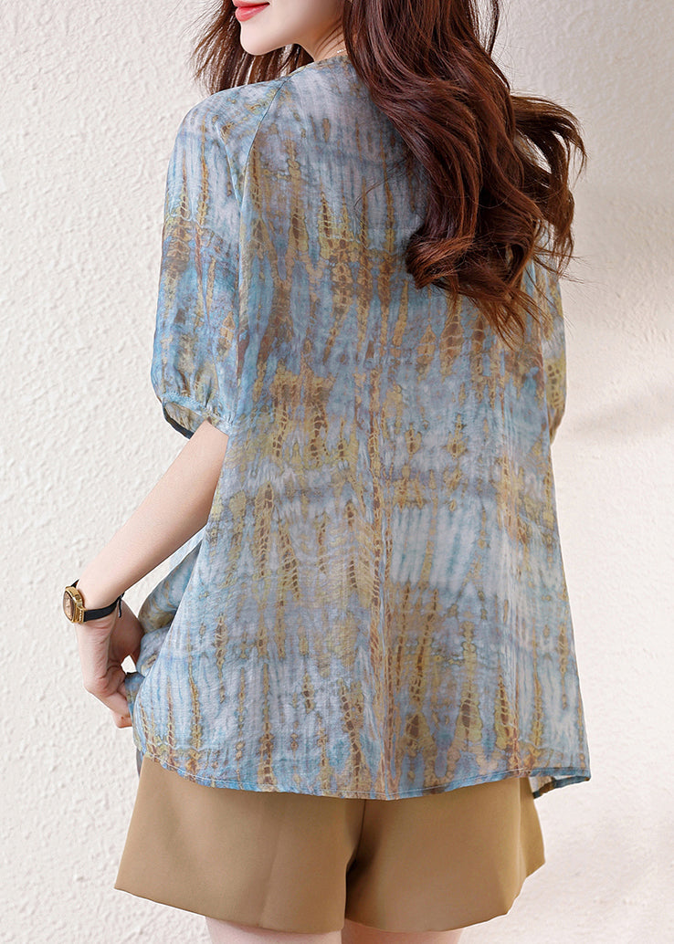 Blue Print Drawstring Cotton Tops Summer