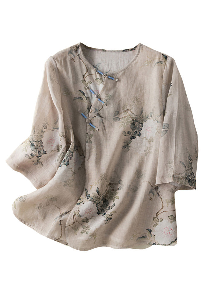 Retro Print O-neck Button Cotton Shirt Bracelet Sleeve