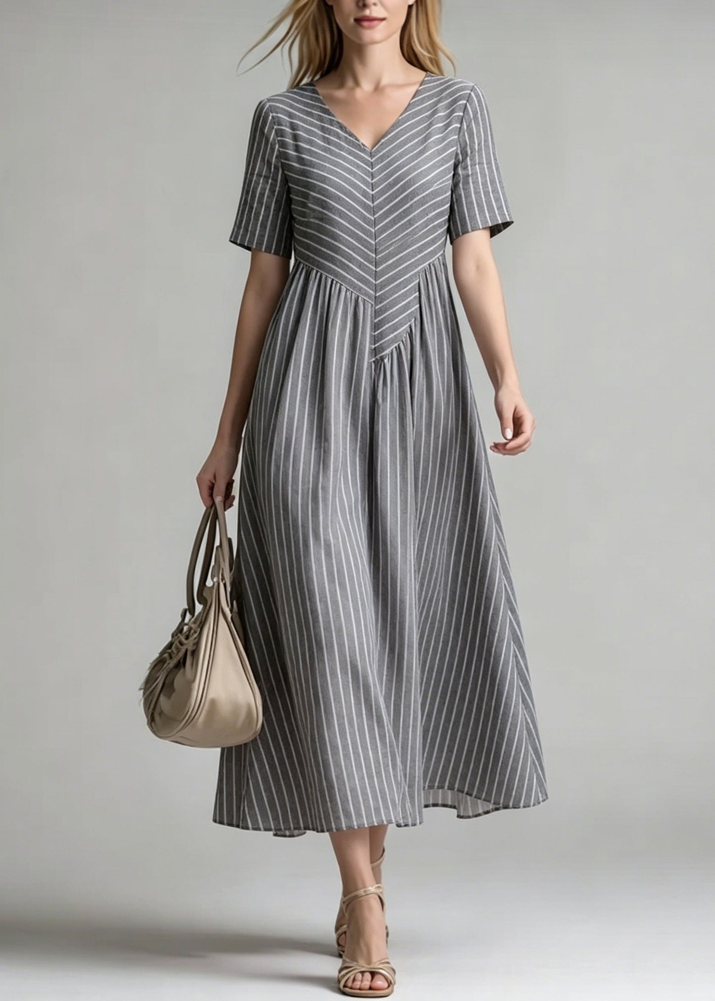 V Neck Striped Patchwork Cotton Dress Summer