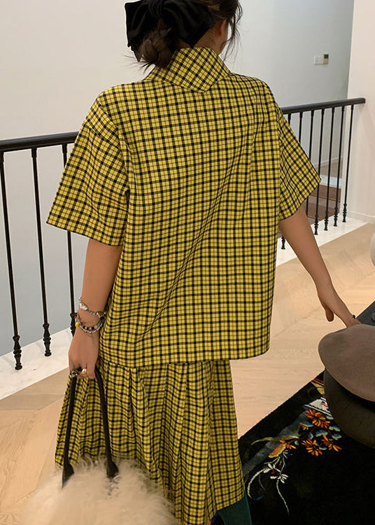 French Green Plaid Tops and Skirts Cotton Two Pieces Set Summer