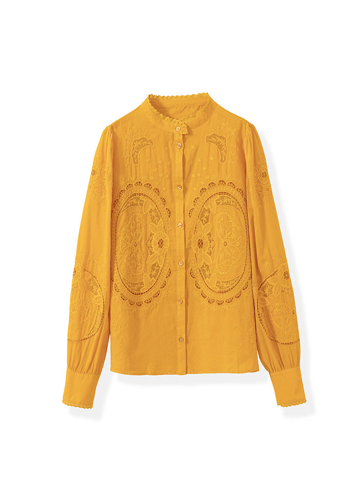 Yellow Embroidered Button Cotton Shirt Tops Fall