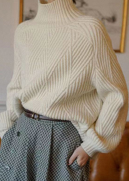 Beige Turtleneck Cozy Patchwork Cotton Knit Sweaters Fall