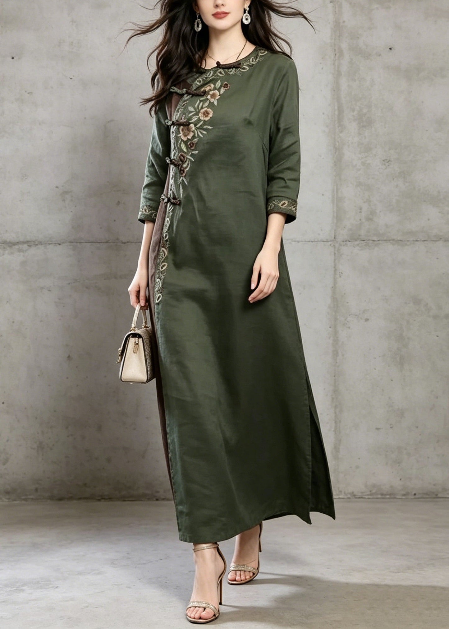Green Embroidered Chinese Button Cotton Dress Summer