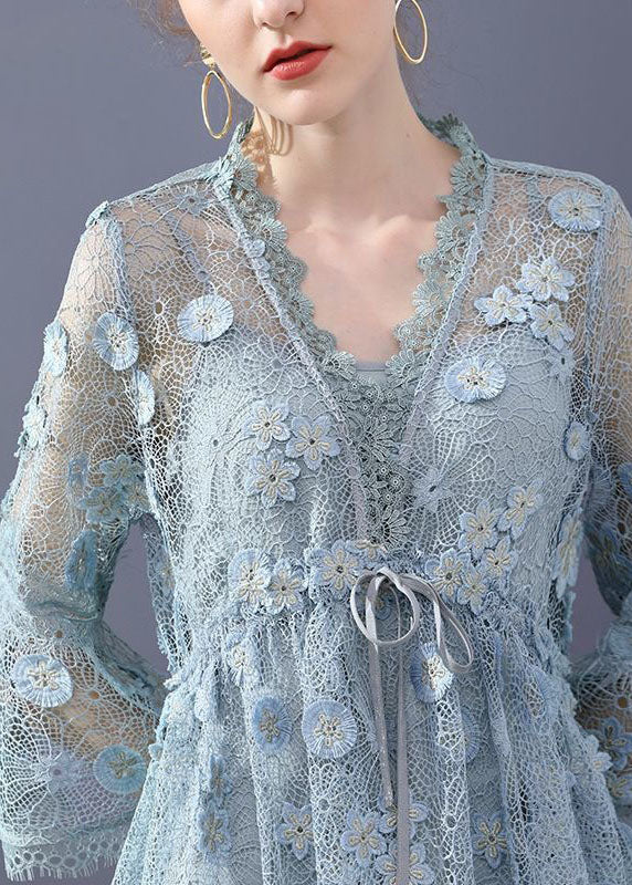 Simple Blue Embroideried Hollow Out Lace Dress Flare Sleeve