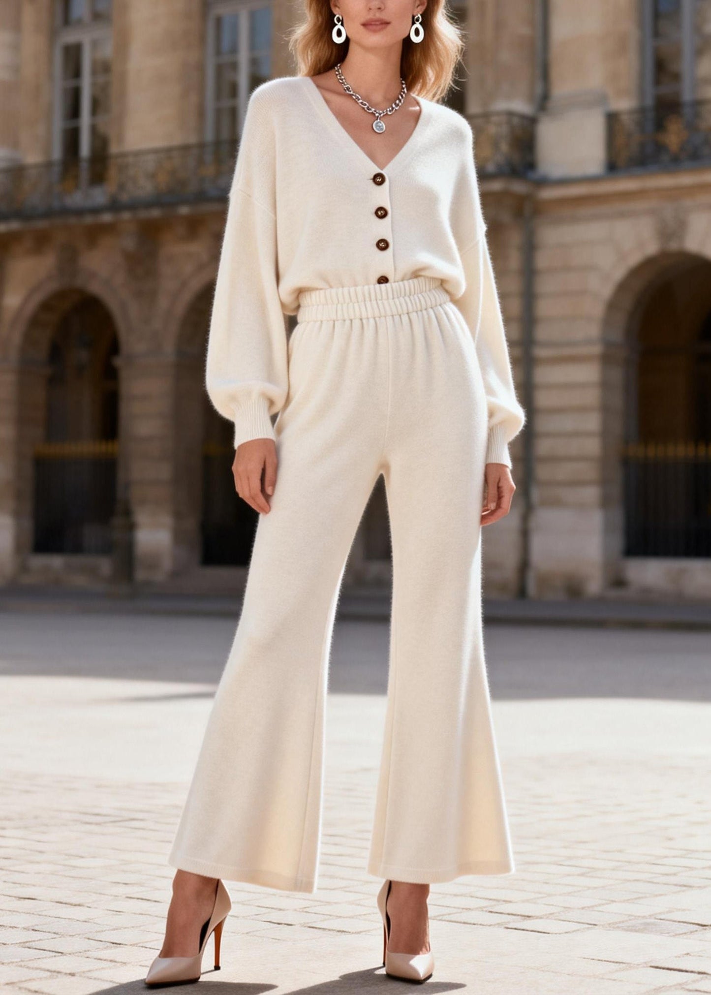 Simple V Neck Top and Pants Knit Sets 2 Pieces Spring