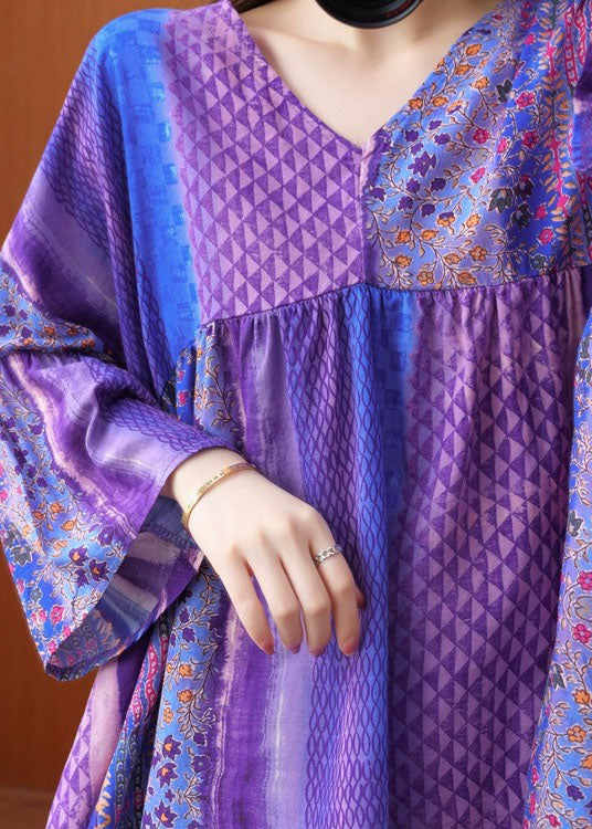 Organic Purple Flare Sleeve V Neck Patchwork Print Fall Top