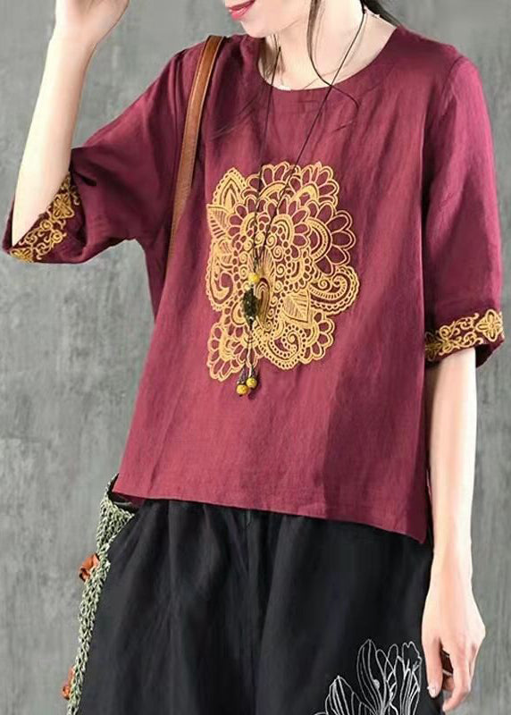 Navy O Neck Embroidered Cotton T Shirt Summer
