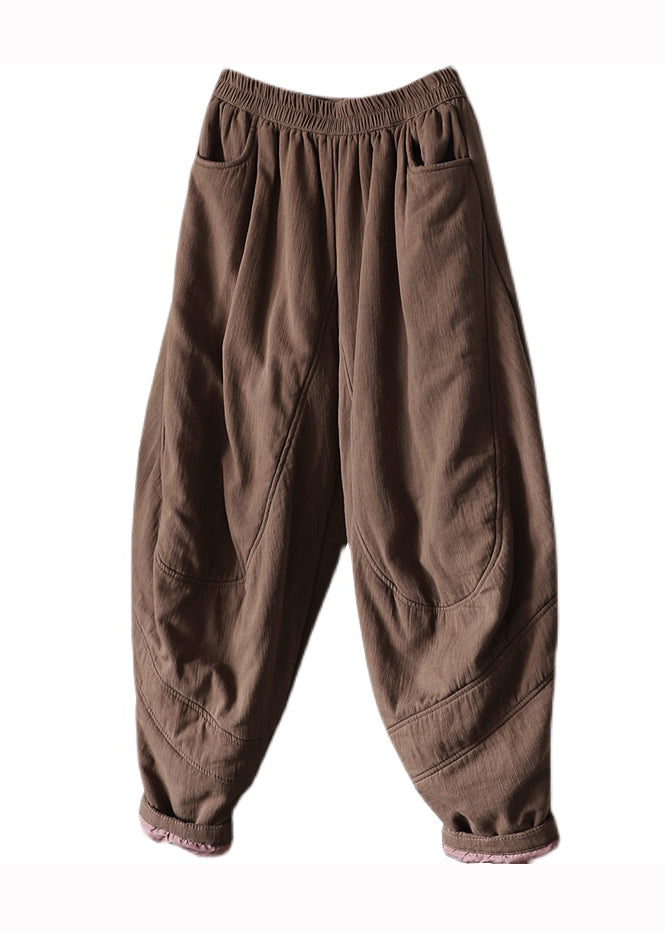 Coffee Pockets Patchwork Fine Cotton Filled Pants Winter