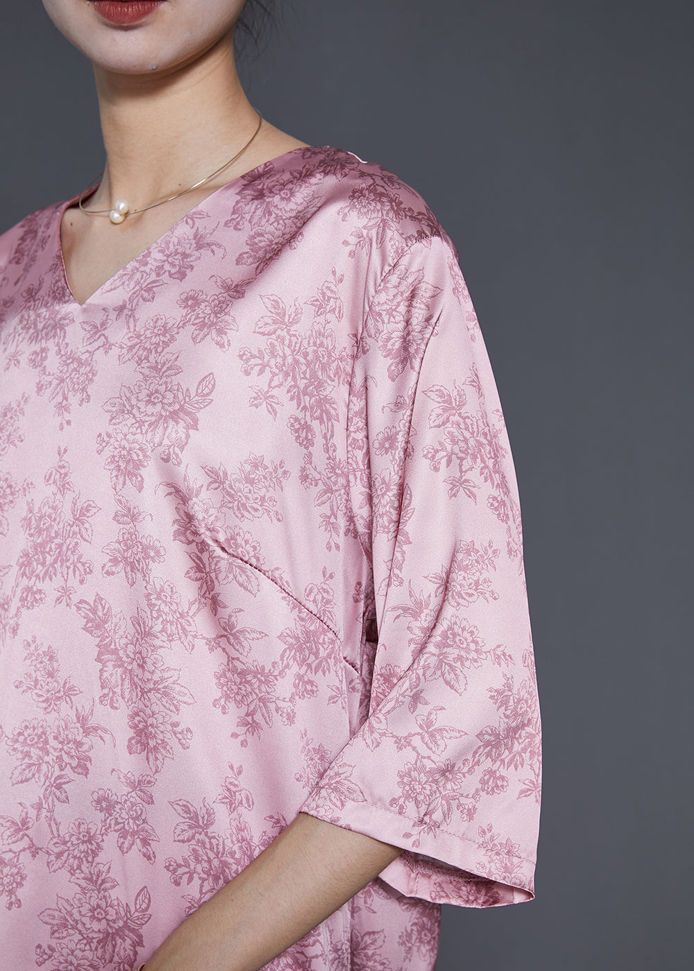 Pink Oversized Print Silk Two Pieces Set Spring