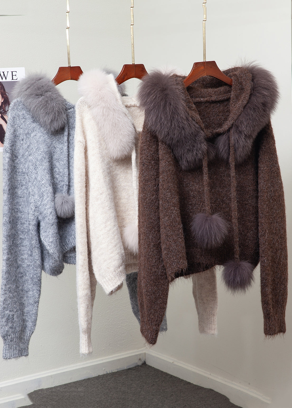 Fox Collar Fuzzy Ball Decorated Warm Knit Sweater Winter