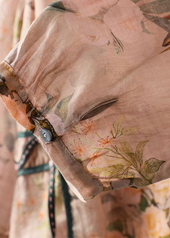 Khaki V Neck Print Button Patchwork Linen Shirts Summer