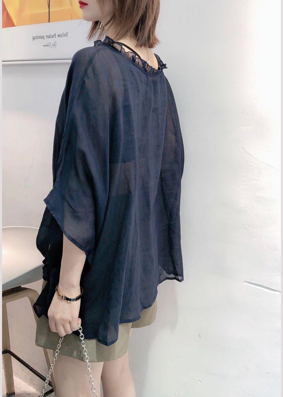 Black Tops Ruffles Trim Half Sleeve Shirts Blouse