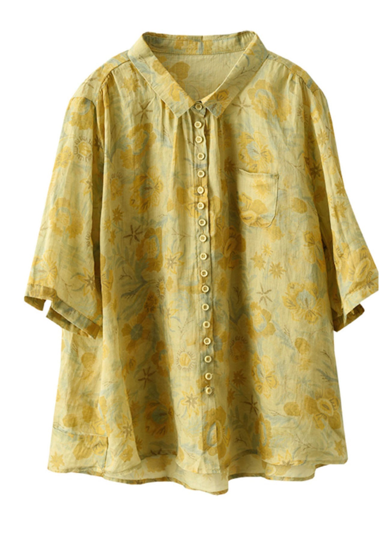 Yellow Peter Pan Collar Print Linen Shirt Tops Summer