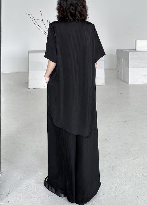 Black V Neck Asymmetrical Patchwork Cotton Two-piece Set Summer