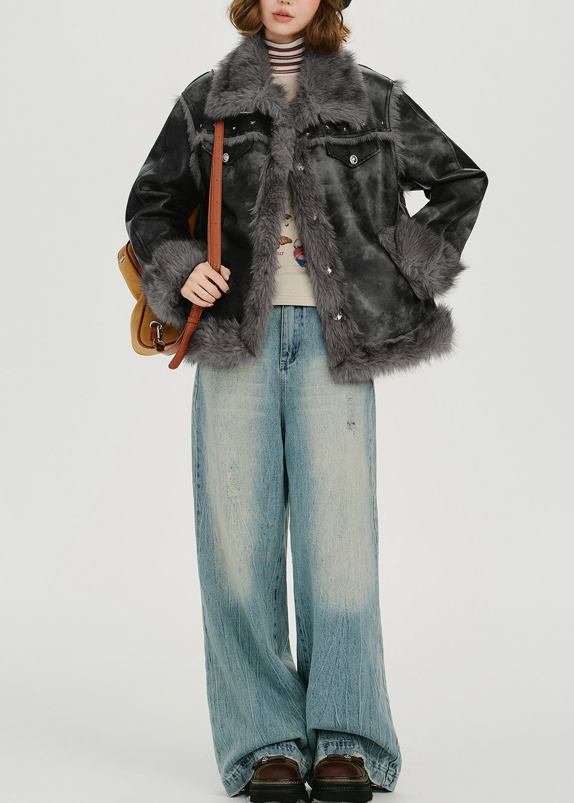Grey Oversized Tie Dye Faux Leather Jackets Winter