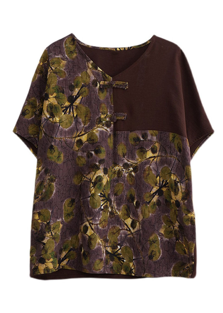 Chocolate V Neck Patchwork Print Oriental Button Cotton Tops Short Sleeve