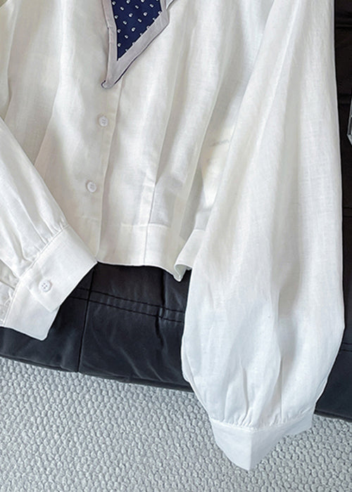 Stylish White Bow Button Cotton Blouses Fall