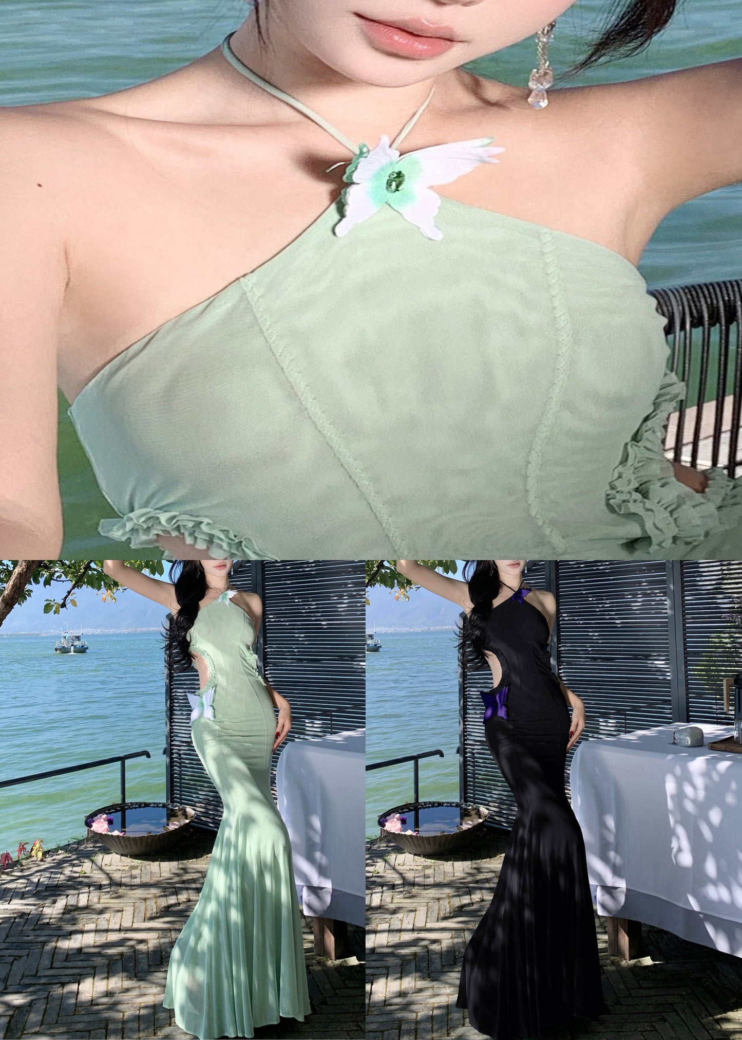 Black Ruffled Butterfly Tulle Long Dresses Hollow Out Sleeveless