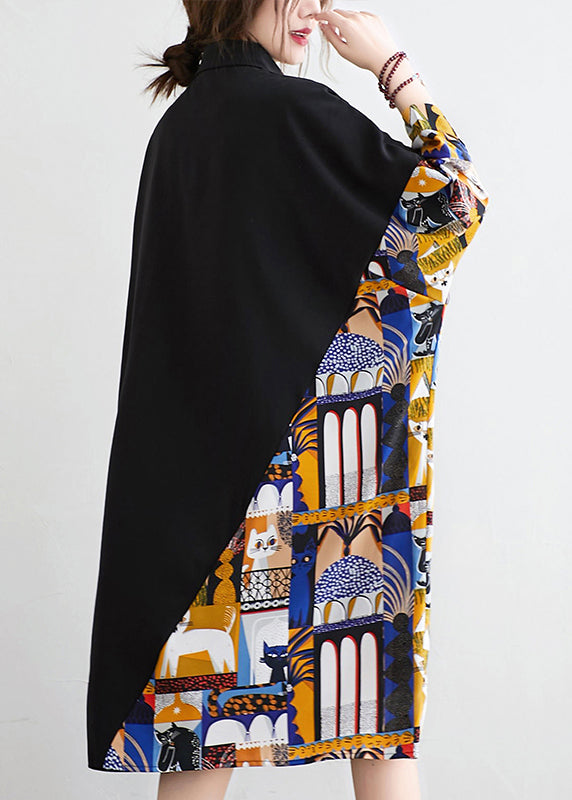 Black Button Print Patchwork Cotton Blouses Dress Fall