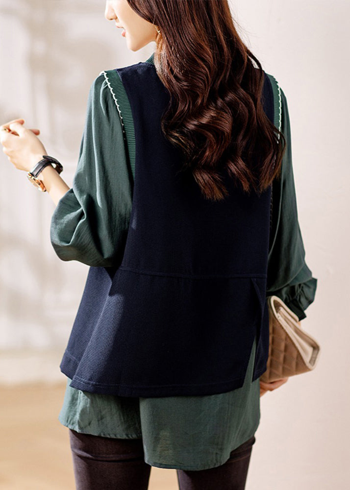 Green Ruffled Knit Patchwork False Two Pieces Top Fall