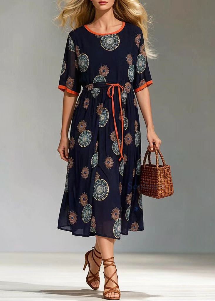 Black Cinched Print Chiffon Long Dress Summer