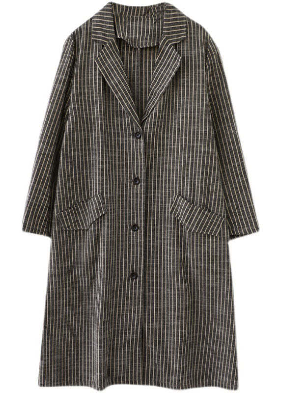 Khaki Peterpan Collar Button Pockets Striped Fall Long Sleeve Trench Coats