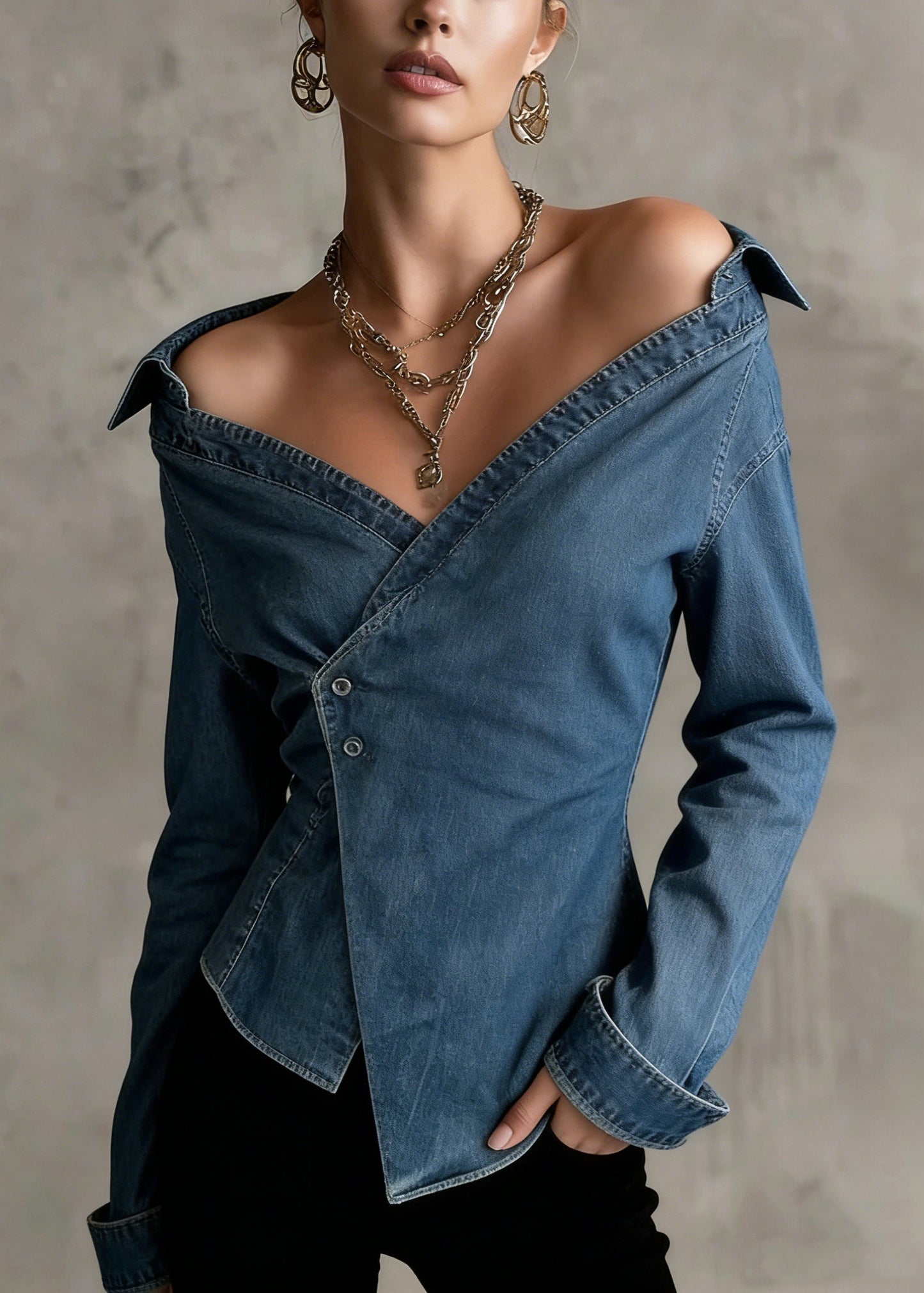 Blue Cold Shoulder Asymmetrical Design Denim Shirts Spring