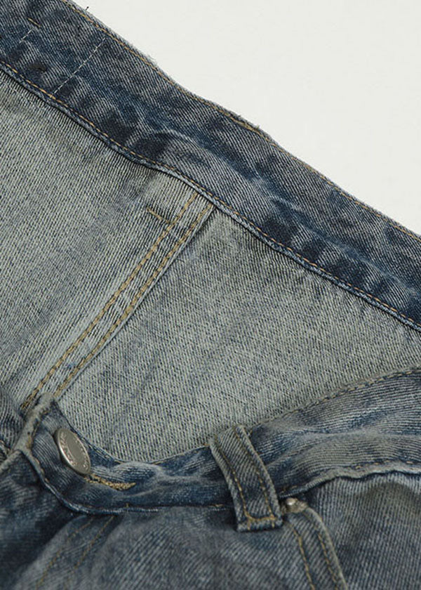 Blue False Two Pieces Patchwork Ripped Denim Pants Spring