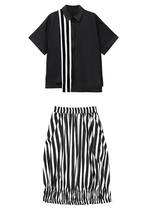 French Green Summer Asymmetrical Design Shirts Short Sleeve Two Piece Set
