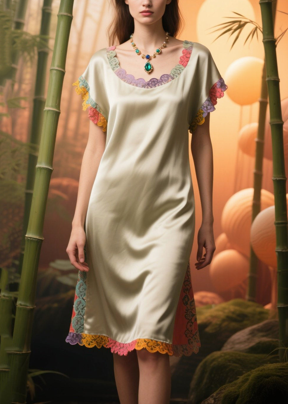 Apricot Oversized Patchwork Lace Silk Tea Dress Summer