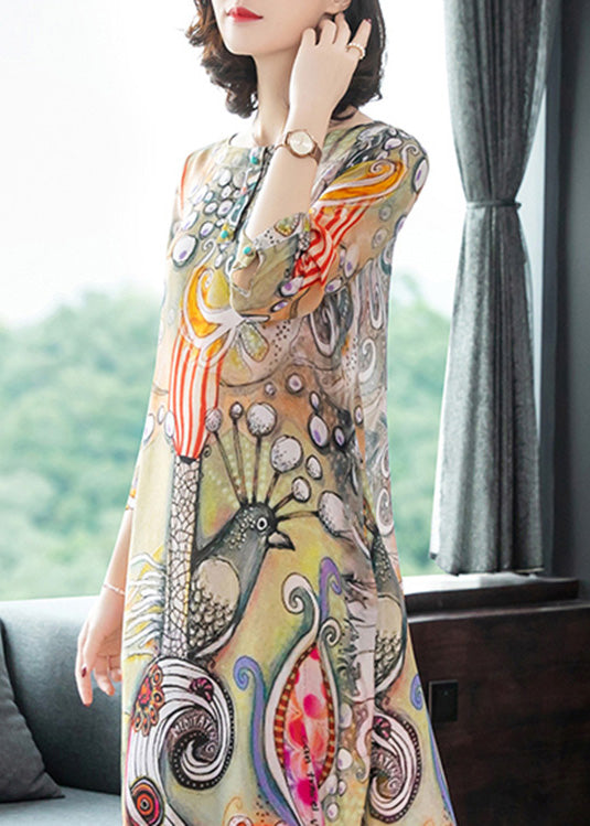 O-neck Print Silk Vacation Long Dresses Long Sleeve