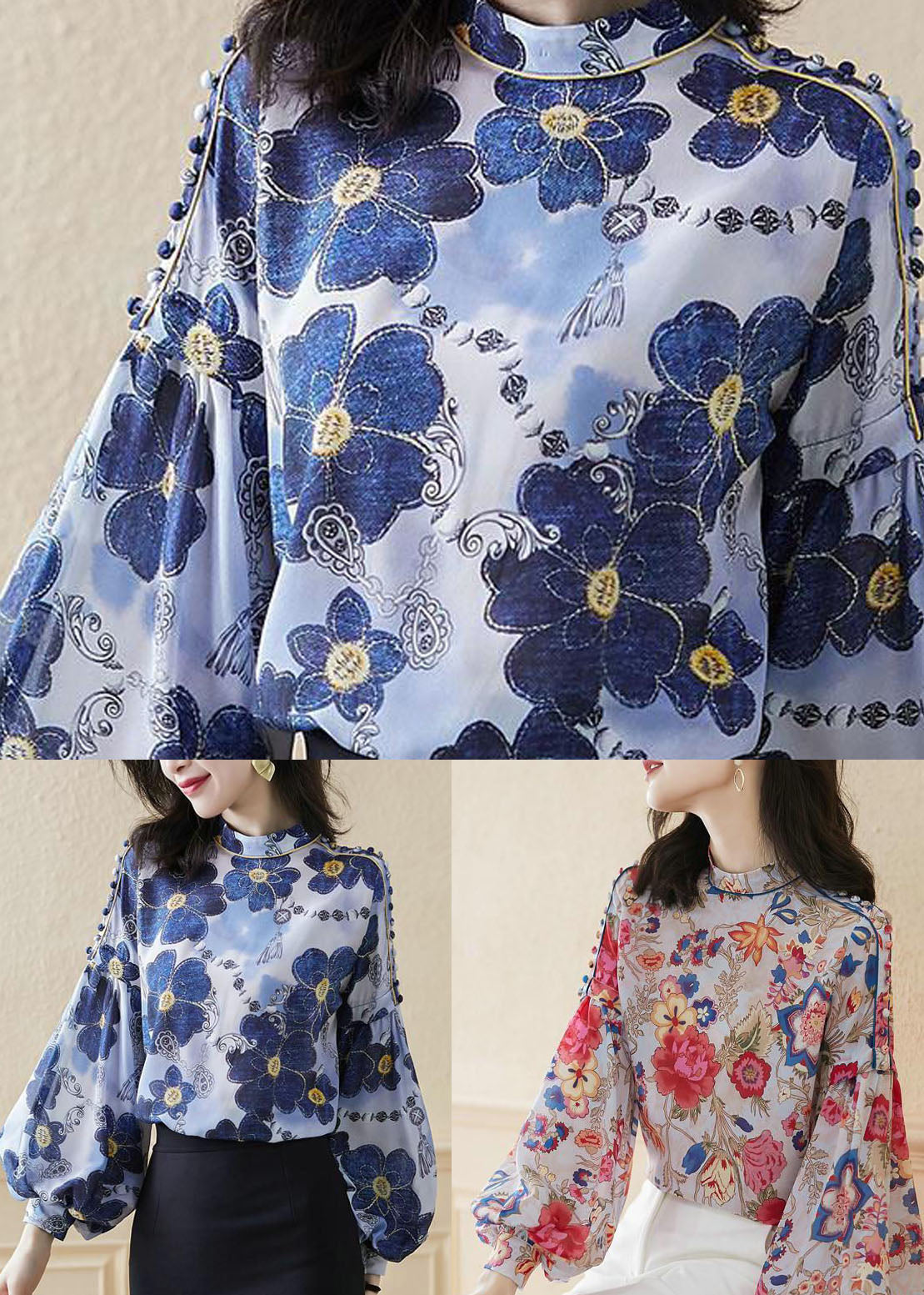 Blue Stand Collar Button Print Silk Shirt Top Spring