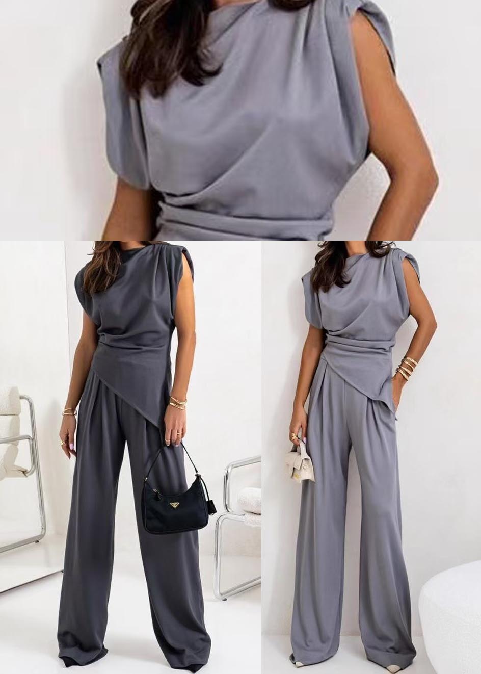 Charcoal Grey Cotton Two Piece Set Clothing Asymmetrical Sleeveless