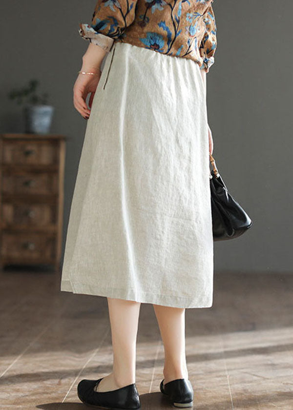 Beige Chinese Button Patchwork Linen Skirts Spring
