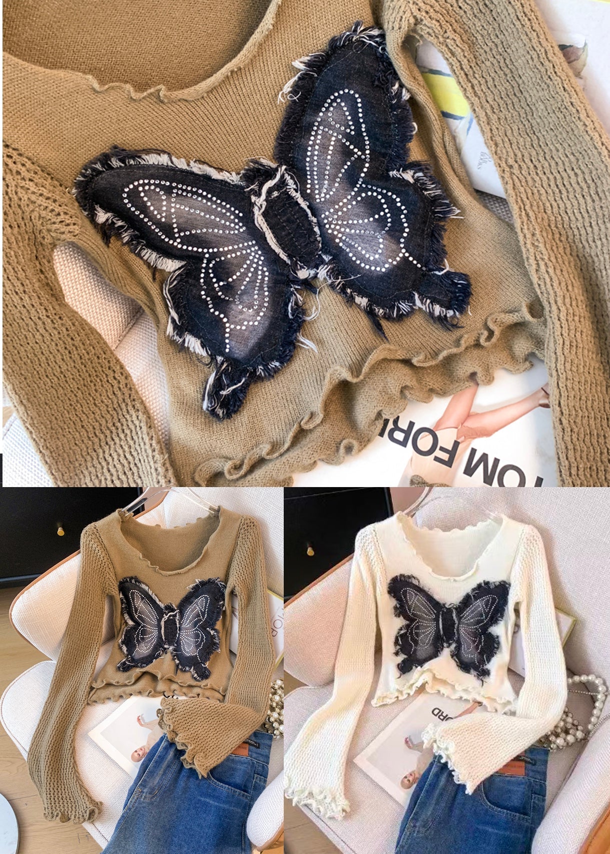 White Butterfly Patchwork Knitted Tops Flare Sleeve Fall