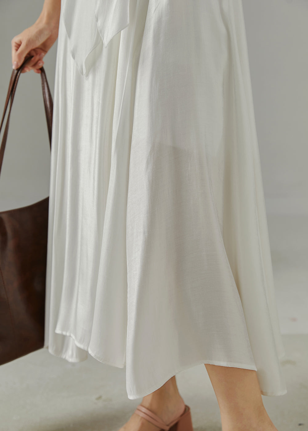 White V Neck Tie Waist Cotton Dress Sleeveless