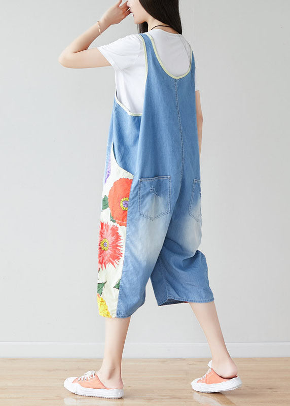 Light Blue Oversized Patchwork Print Cotton Denim Jumpsuits Summer