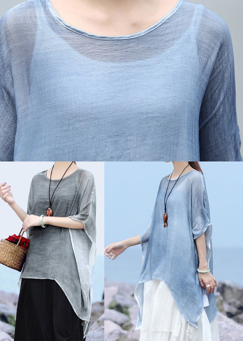 Blue O-neck Asymmetrical Design Linen Tops Batwing Sleeve