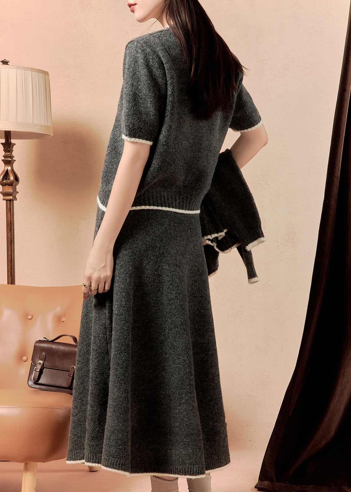 Dark Gray O Neck Button Knit Three Pieces Set Winter