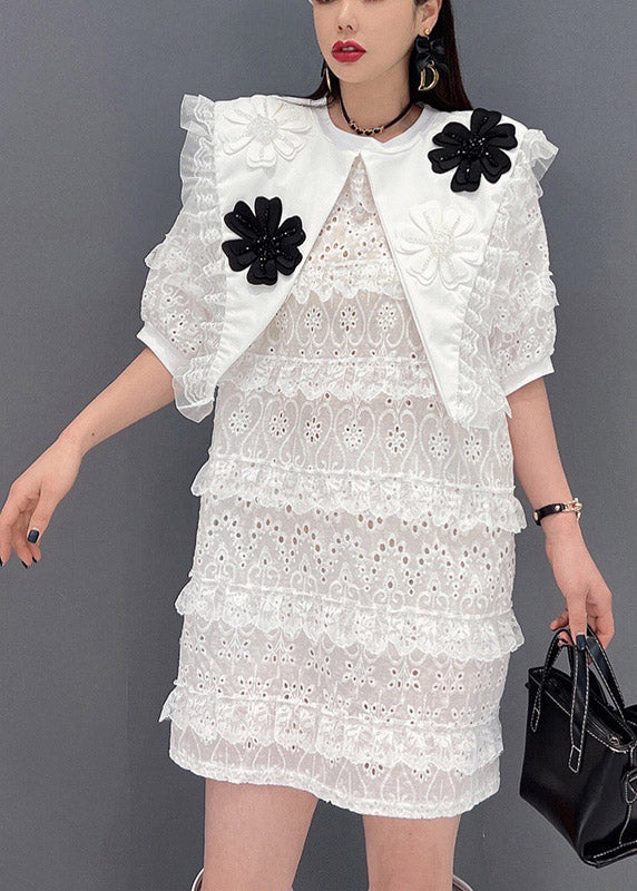 Style White O-neck Tulle Patchwork Lace Layered Dresses Short Sleeve