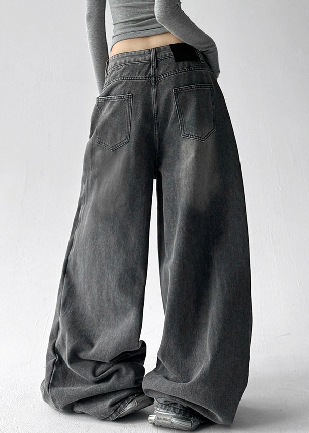 Grey Pockets Rivet Patchwork Denim Wide Leg Pants Fall