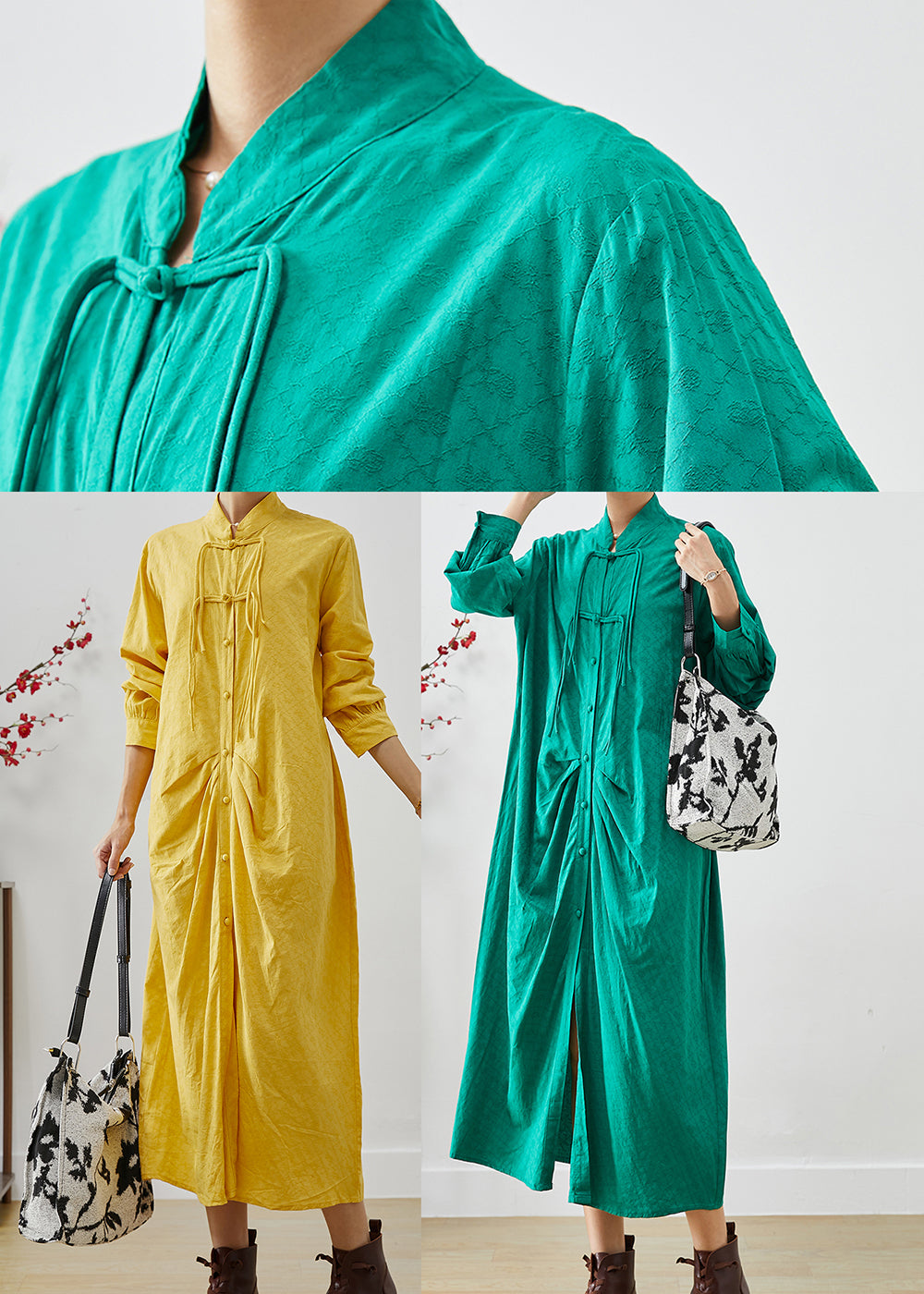 Yellow Tasseled Wrinkled Cotton Shirt Dress Fall