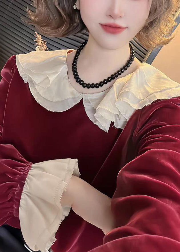 New Wine Red Ruffled Silk Velour Shirt Spring