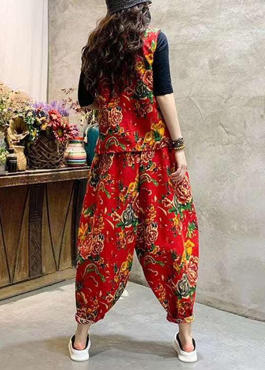 Red Print Elastic Waist Patchwork Cotton Two-piece Set Sleeveless